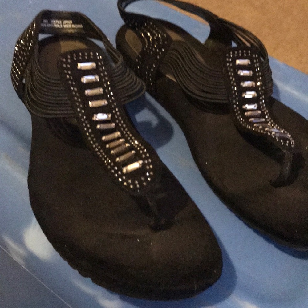 Black rhinestone and rope sandals
